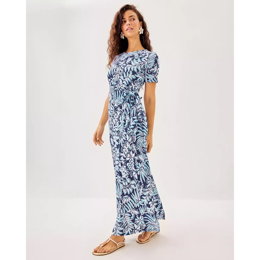 Lilly Pulitzer Chace Maxi Dress Sapphire Pool Summer Shorelines Blue Floral XL